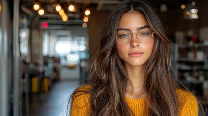 Obraz premium Portrait of a young woman wearing glasses and a yellow sweater, standing in a stylish, modern indoor space with warm lighting, exuding confidence and natural beauty.