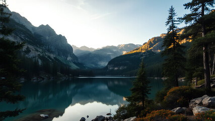 Serene Mountain Lake with Pine Trees at Sunrise