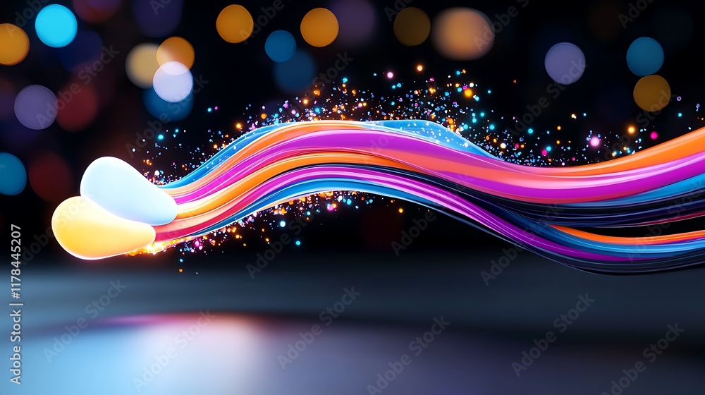 Poster abstract colorful ribbon swirl with glowing particles and light effects.