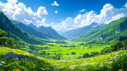 Obraz premium Majestic Mountain Valley Landscape: Serene Meadow, Sunny Sky, Blooming Wildflowers. Breathtaking Panoramic View of Nature's Beauty