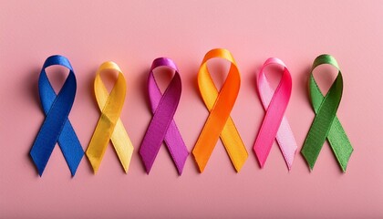 colorful ribbons on pink background, cancer awareness, World cancer day, world autism awareness day concept, care