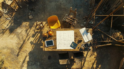 Overhead view of construction site table with blueprints and tools