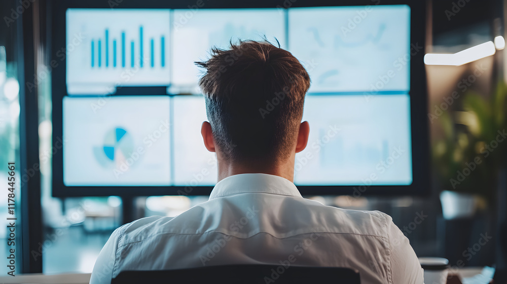 Poster a businessman sits facing away from the camera, observing data displayed on a large screen showcasin