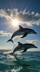 Fototapeta premium ocean wallpaper , A pod of dolphins leaping through crystal-clear ocean waters under bright skies