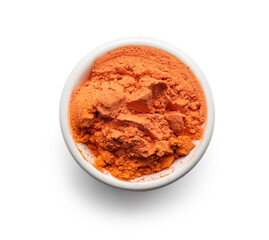 Bowl of color powder pigment on white background