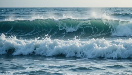Fototapeta premium Ocean waves in motion, showing the energy of the sea with splashes and mist.