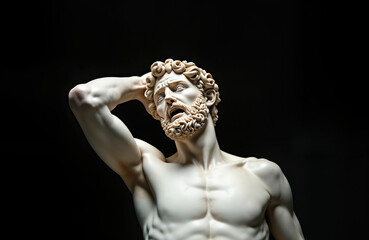 Ancient Greek statue man. Male figure sculpture showing powerful body with raised hand. Man open mouth, expressive face. Classic art piece on black background. Detailed sculpture art. Antique history