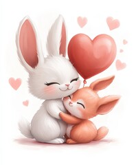 Two adorable rabbits, one white and one brown, embrace tenderly in a heartwarming display of love, perfect for Valentine's Day celebration.