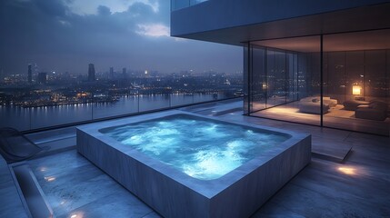 Fototapeta premium An infinity hot tub seamlessly blending into a modern, geometric terrace, bordered by sleek concrete and glass railings, overlooking a sprawling urban skyline at night,