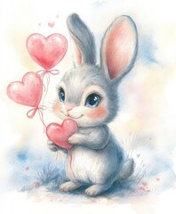 A charming bunny joyfully clutches a heart-shaped balloon, embodying the spirit of love and warmth on Valentine's Day.