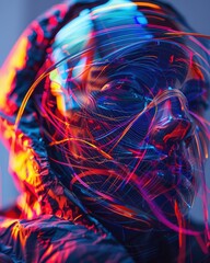 a sleek, futuristic holographic display merging with gritty street art Utilize vibrant colors and dynamic perspectives to bring the clash of tech and urban art to life