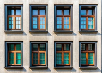 Obraz premium Black Windows on Light Grey Building Facade Texture Photography