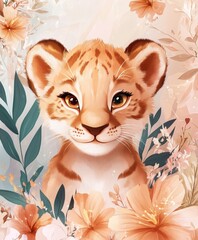 Fototapeta premium A charming scene unfolds with a playful tiger cub nestled amidst vibrant blooms, embodying the spirit of love and joy in a springtime meadow.