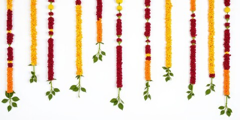 Floral Garland Decoration: A vibrant tapestry of red and yellow flower garlands, delicately strung together, Diwali, makar sankranti, holi, new year, perfect for festive occasions. The garlands.