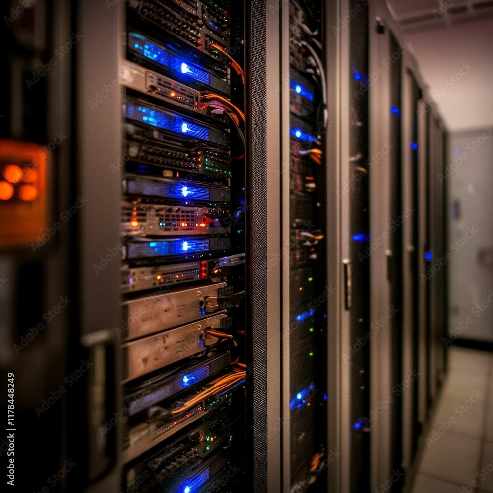 Poster modern data center server racks network technology it infrastructure