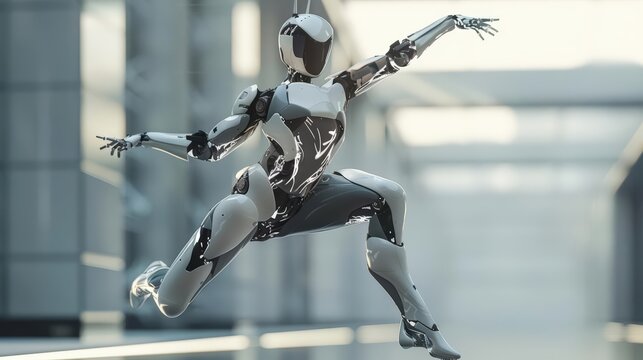 Capture the dynamic fusion of futuristic technologies and contemporary dance forms with a tilted angle view Show intricate robotic movements blending with fluid balletic grace in a