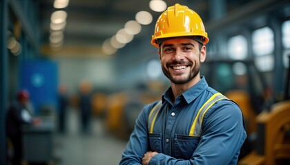 Happy male heavy industry engineer in factory. Pro worker in uniform. Stands confidently, arms crossed. Modern industrial facility setting. Focus on tech, work environment. Possible themes include