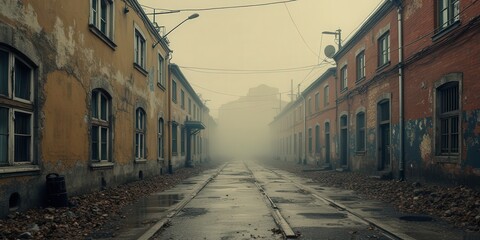 Fototapeta premium Forgotten Streets: A haunting image of a deserted, misty street lined with dilapidated buildings, evokes a sense of solitude and forgotten history. The road leads into the distance.