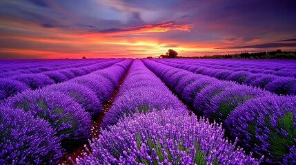 Fototapeta premium A serene lavender field under the twilight sky, with rows of purple flowers stretching to the horizon. captures the tranquility and beauty of nature
