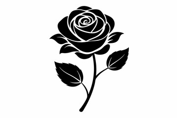 Rose black silhouette with transparent background. A black and white drawing of a rose with leaves and leaves

