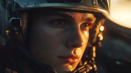 female military in a flight helmet during sunset background