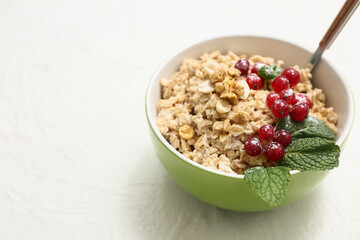 Bowl with tasty oatmeal and cranberries on white background, closeup