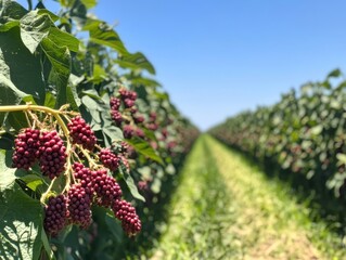 Ripe red berries on bushes in a sunny agricultural field.