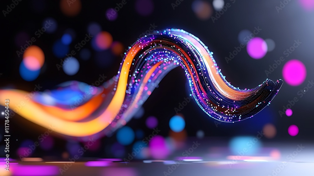 Poster abstract vibrant swirling 3d render with colorful particles on dark background.
