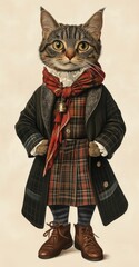 Scottish cat costumes wearing vintage fantasy animal illustration clothing.