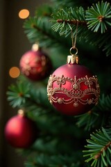 Ornate red Christmas ornament on a wooden branch, Rustic Christmas, Greenery, Red Decorative Balls