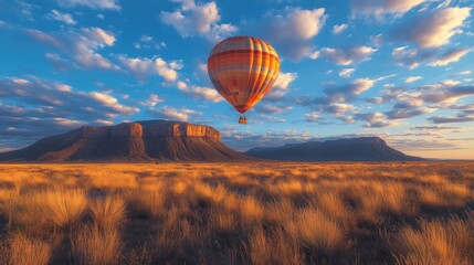 Obraz premium A vibrant hot air balloon floats over a scenic landscape at sunset.