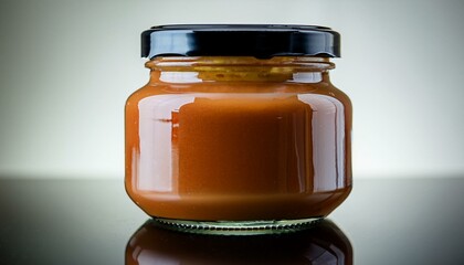 A jar of caramel sauce sits on a reflective surface.