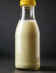 Creamy milk in a glass bottle with a yellow cap.