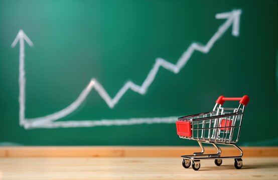 Miniature shopping cart stands on wooden surface in front of green board with white chalk-drawn upward trend graph. Concept of rising prices, potential profit in business. Image relevant to finance,