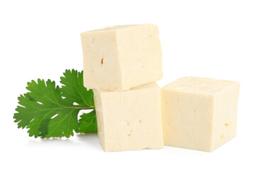 Cut tofu cheese isolated on white background, closeup