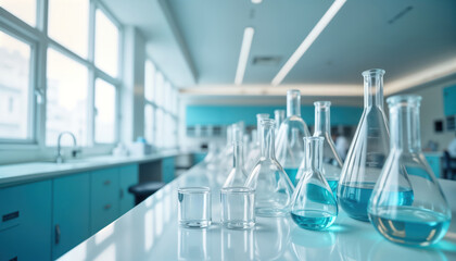 Modern clean science lab interior with various transparent lab glassware on white table. Blurred background shows lab equipment, windows. Futuristic clean tech lab style. Empty lab space suitable for