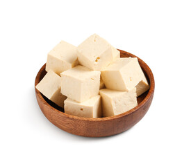 Bowl with cut tofu cheese isolated on white background
