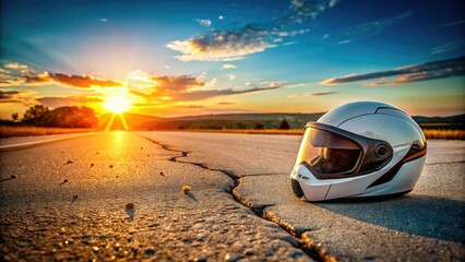 Obraz premium Broken Motorcycle Helmet - Roadside Accident - Safety Gear