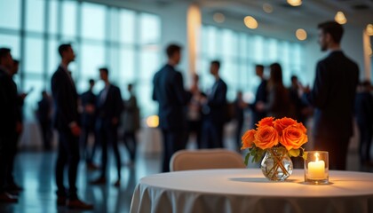 Professional corporate event in elegant venue. People in business attire mingle, network. Orange roses in glass vase on table. Strategic networking opportunity. Formal occasion. Progressive corporate