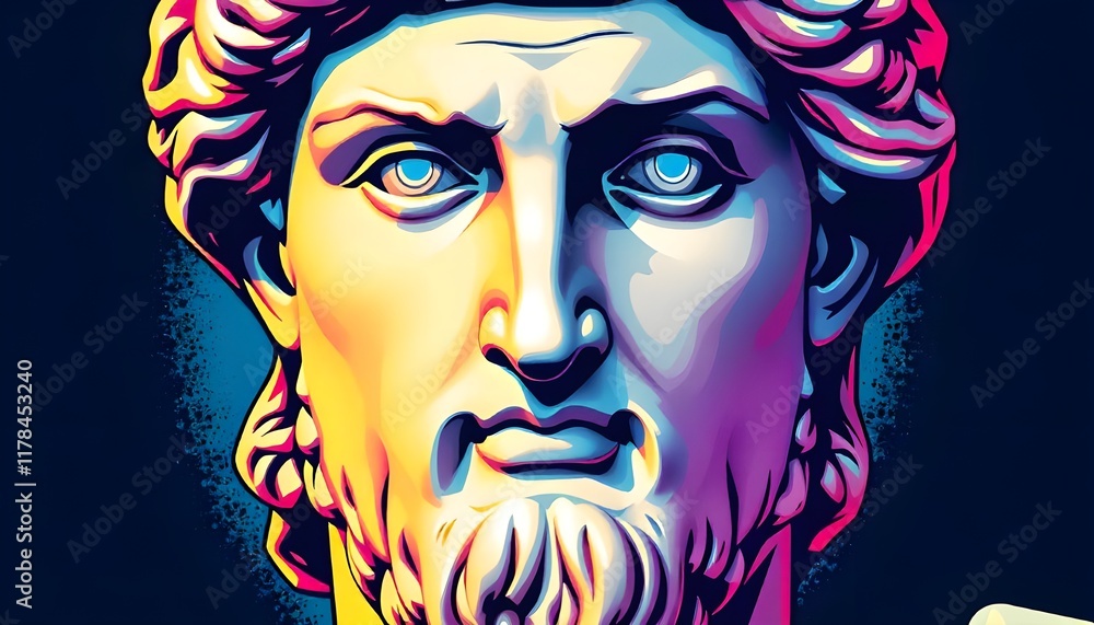 Poster an interpretation of the ancient david sculpture's face in a vibrant pop art style, featuring bold c