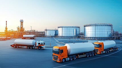 Aerial view of oil gas terminal concept, Bird seye view of a clustered oil terminal with reflective storage units and tanker trucks under clear skies
