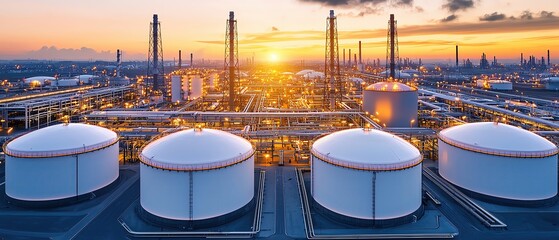 Aerial view of oil gas terminal concept, Drone view of a large industrial facility with natural gas storage tanks and monitoring towers during twilight
