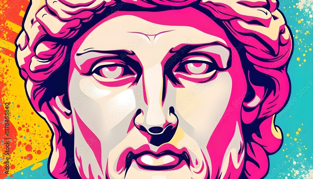 Poster an interpretation of the ancient david sculpture's face in a vibrant pop art style, featuring bold c