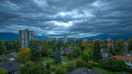Obraz premium Dramatic Clouds Over Cityscape: Panoramic View of Residential Neighborhood Nestled Amongst Lush Greenery and Majestic Mountains