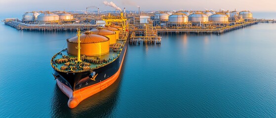 Aerial view of oil gas terminal concept, Wide aerial view of a liquefied natural gas terminal with massive cooling tanks and a ship being loaded