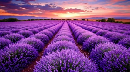 Obraz premium A serene lavender field under the twilight sky, with rows of purple flowers stretching to the horizon. captures the tranquility and beauty of nature