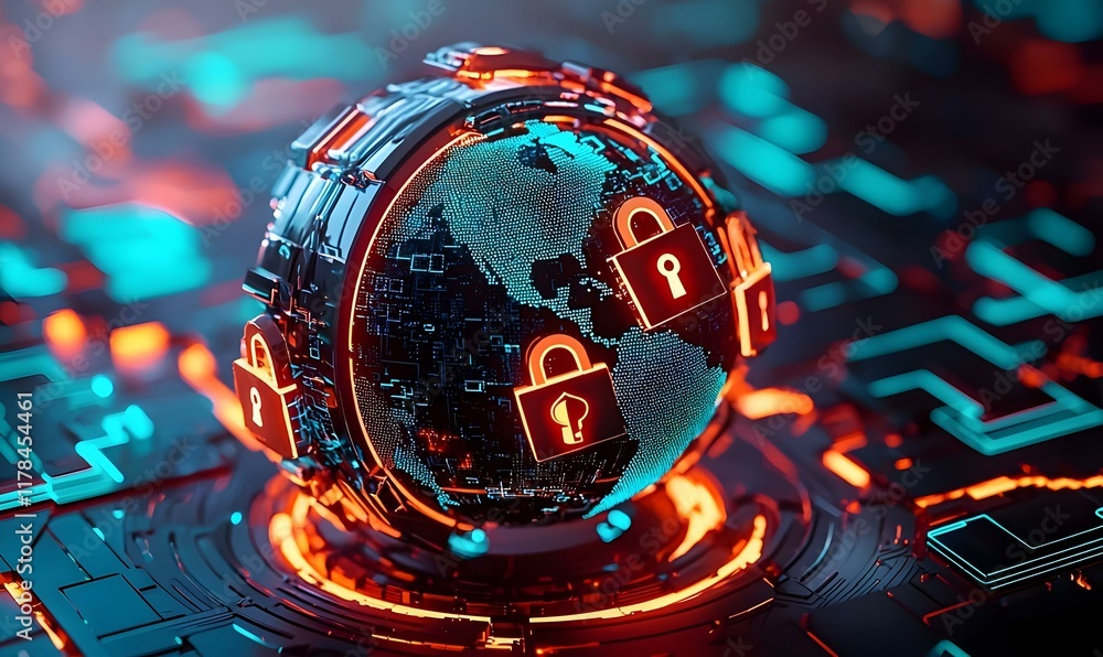 Poster global network security visualization, showcasing interconnected digital systems, cybersecurity elem