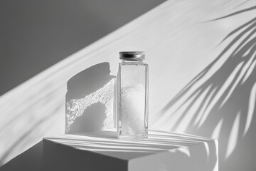 Naklejka premium Glass jar filled with white granules, sits on white surface with leaf shadows. Perfect for minimalist product, beauty, or spa branding.