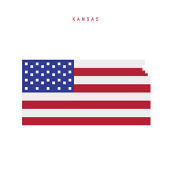 Kansas pixel flag map icon. 8 bit pixel art map covered with american flag. Flat vector illustration isolated on white background.