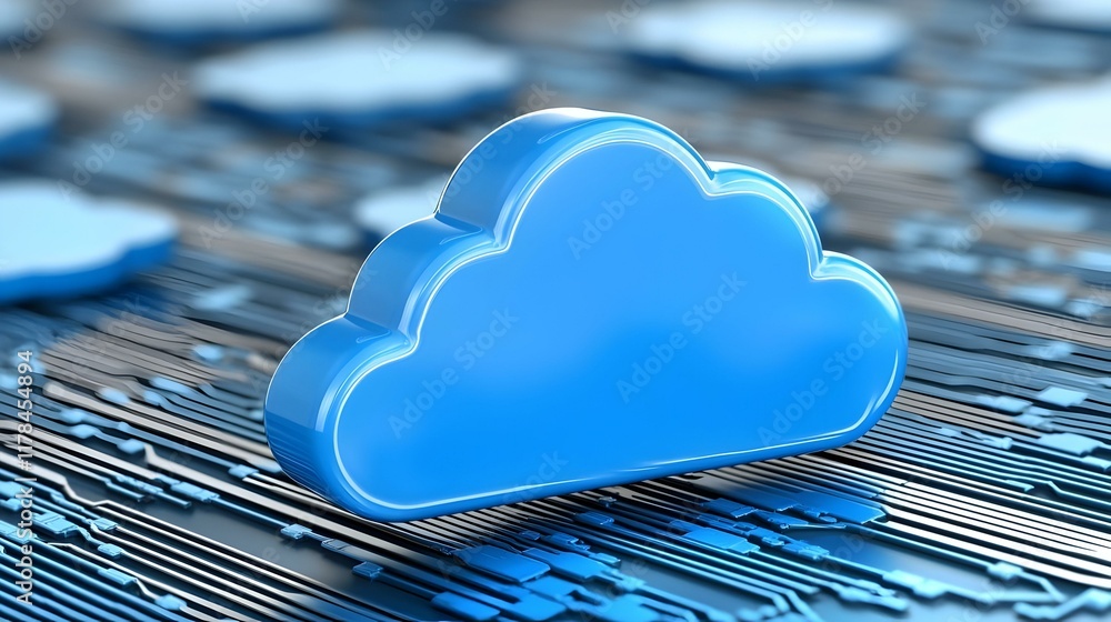 Poster digital cloud icons interconnected within a network, representing modern technology and data exchang